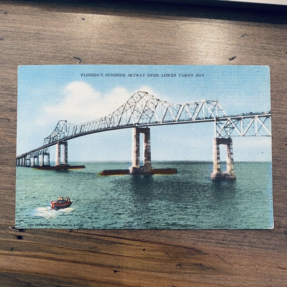 1950s Vintage Postcard Sunshine Skyway Bridge Boat Tampa Bay Largo Florida FL